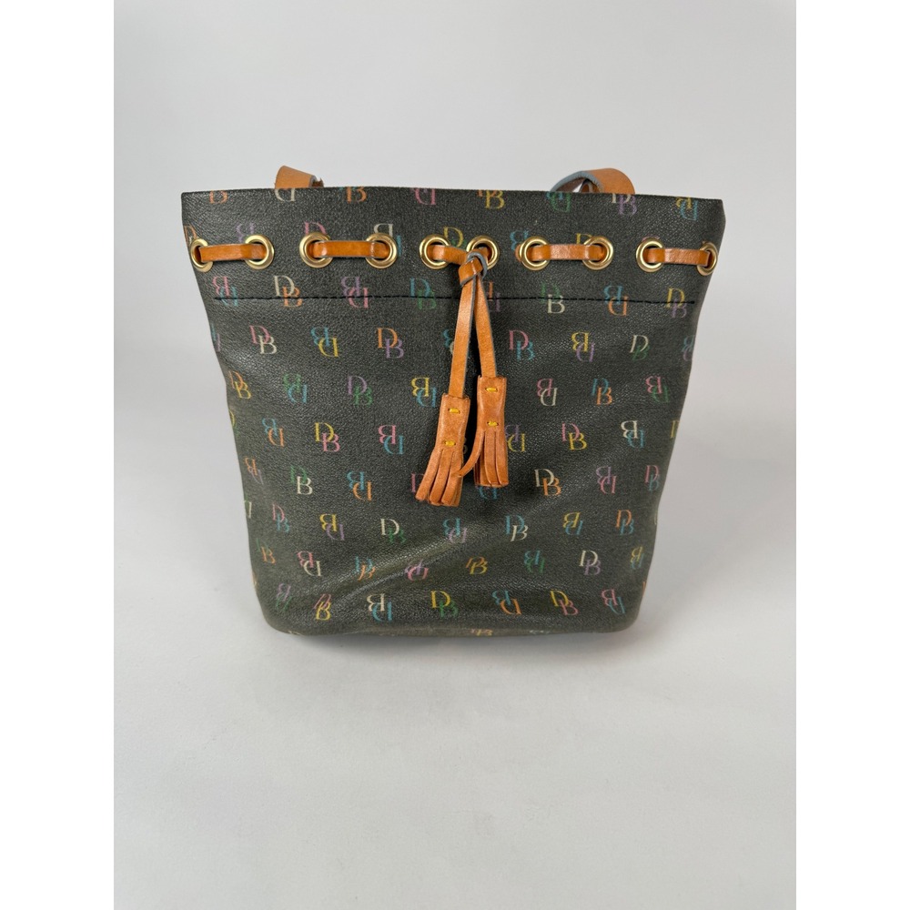 Dooney & Bourke Multicolor DB Monogram Black Coated Canvas Bucket Bag Vintage